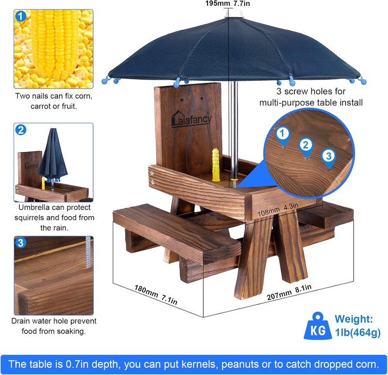 Lalafancy Squirrel Feeder Picnic Table with Umbrella, Carbonized Wood Squirrel Feeder for Outside Funny Chipmunk Feeder with Corn Cob Holder Structure Solid for Squirrel Gift - Image 5